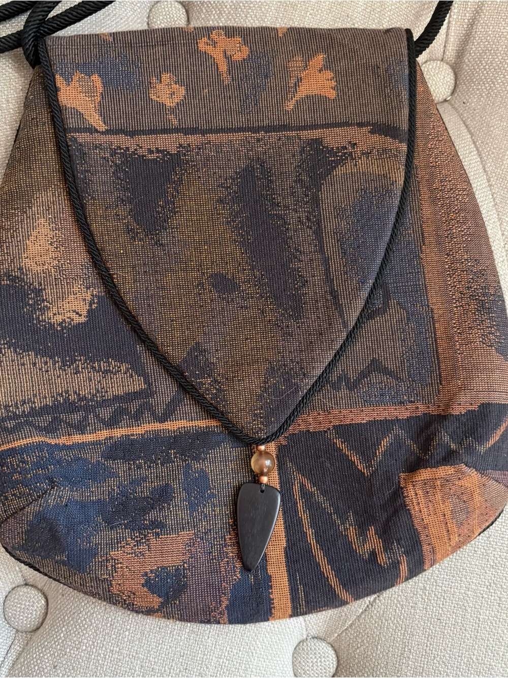 Boho Woven Crossbody Bag with Wood Pendant - Brown & Black
